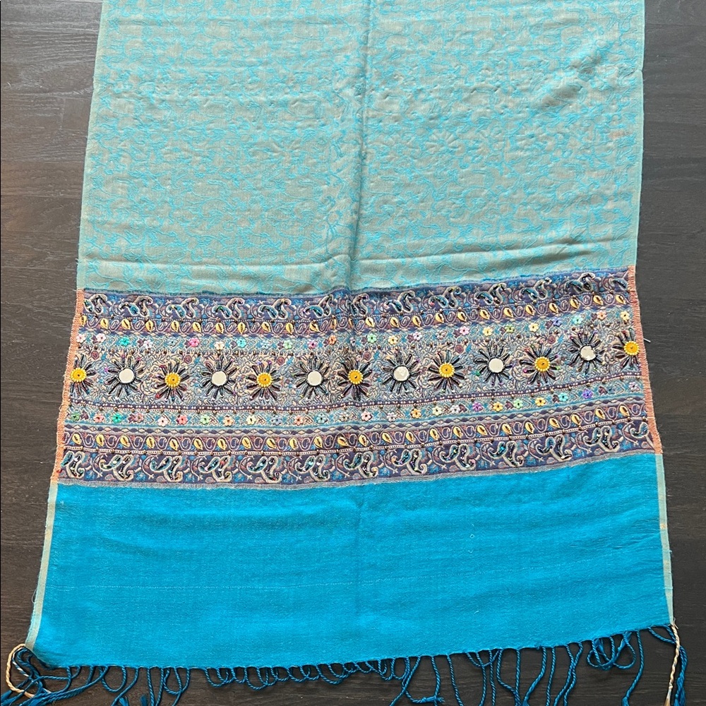 Teal and Blue Embroidered Scarf with pashmina